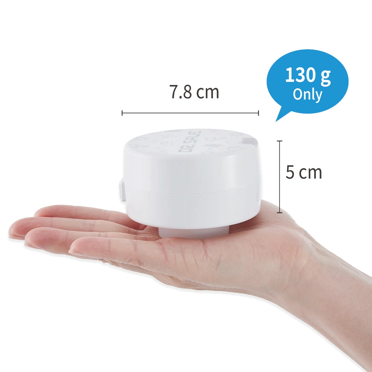 Palm-sized DR. SAVE DUO measuring 7.8 cm wide and 5 cm high and weighing 130 g