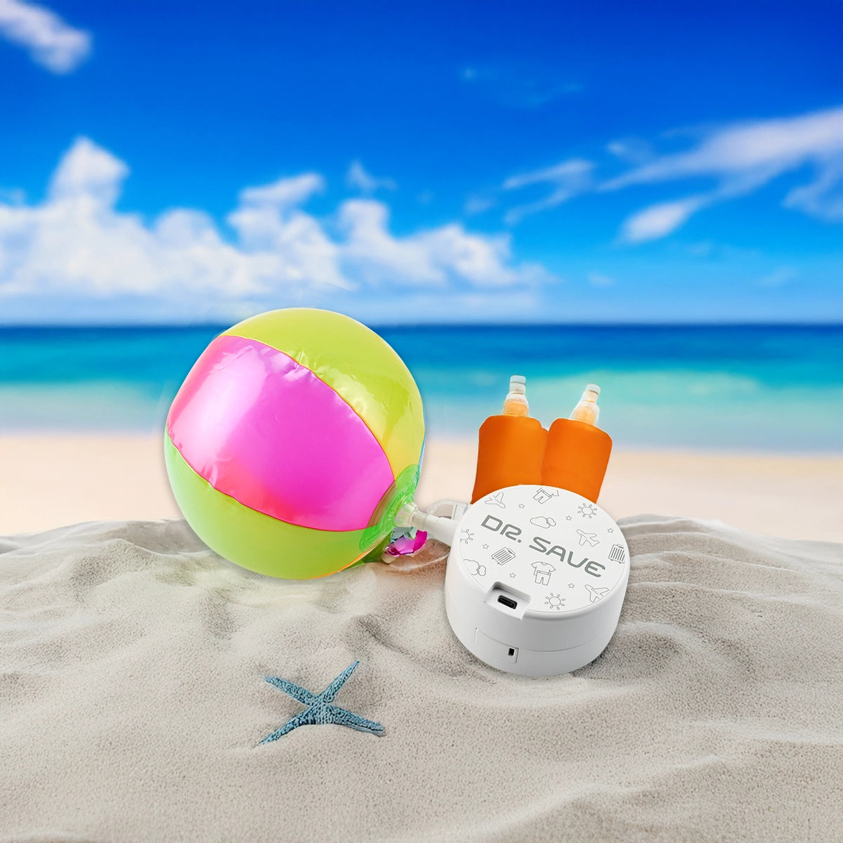 DR. SAVE DUO inflating a beach ball for outdoor use