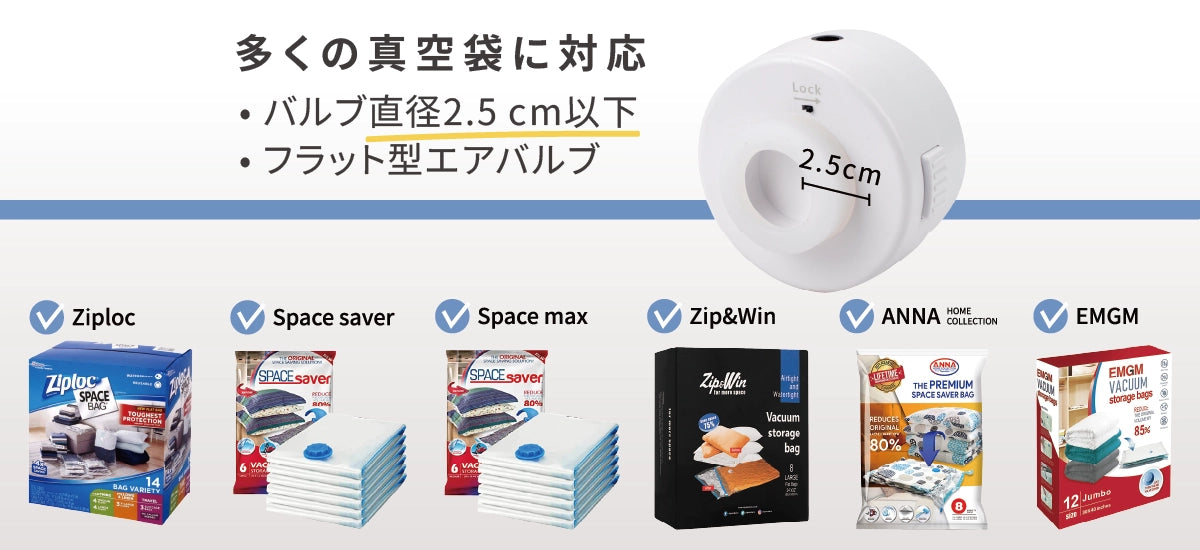 直径2.5 cm未満の平面式真空袋バルブに対応するDR. SAVE DUO