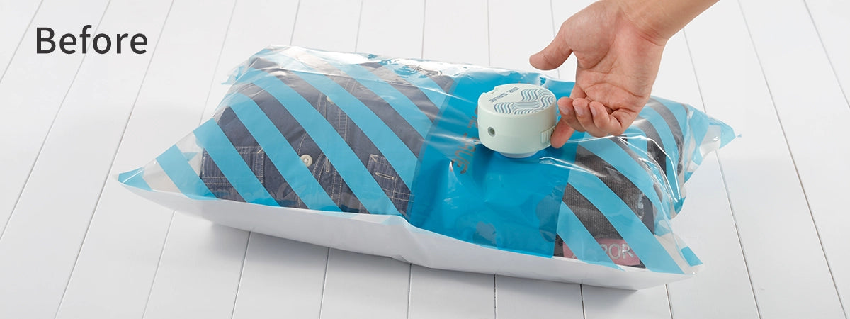 Clothing-filled vacuum storage bag before compression with DR. SAVE DUO